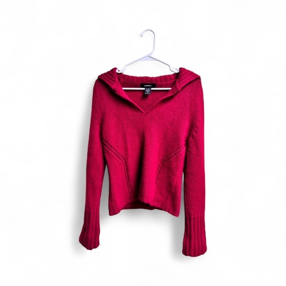 Express Women’s Sweater M Red Merino Wool Angora Blend V-Neck Pullover